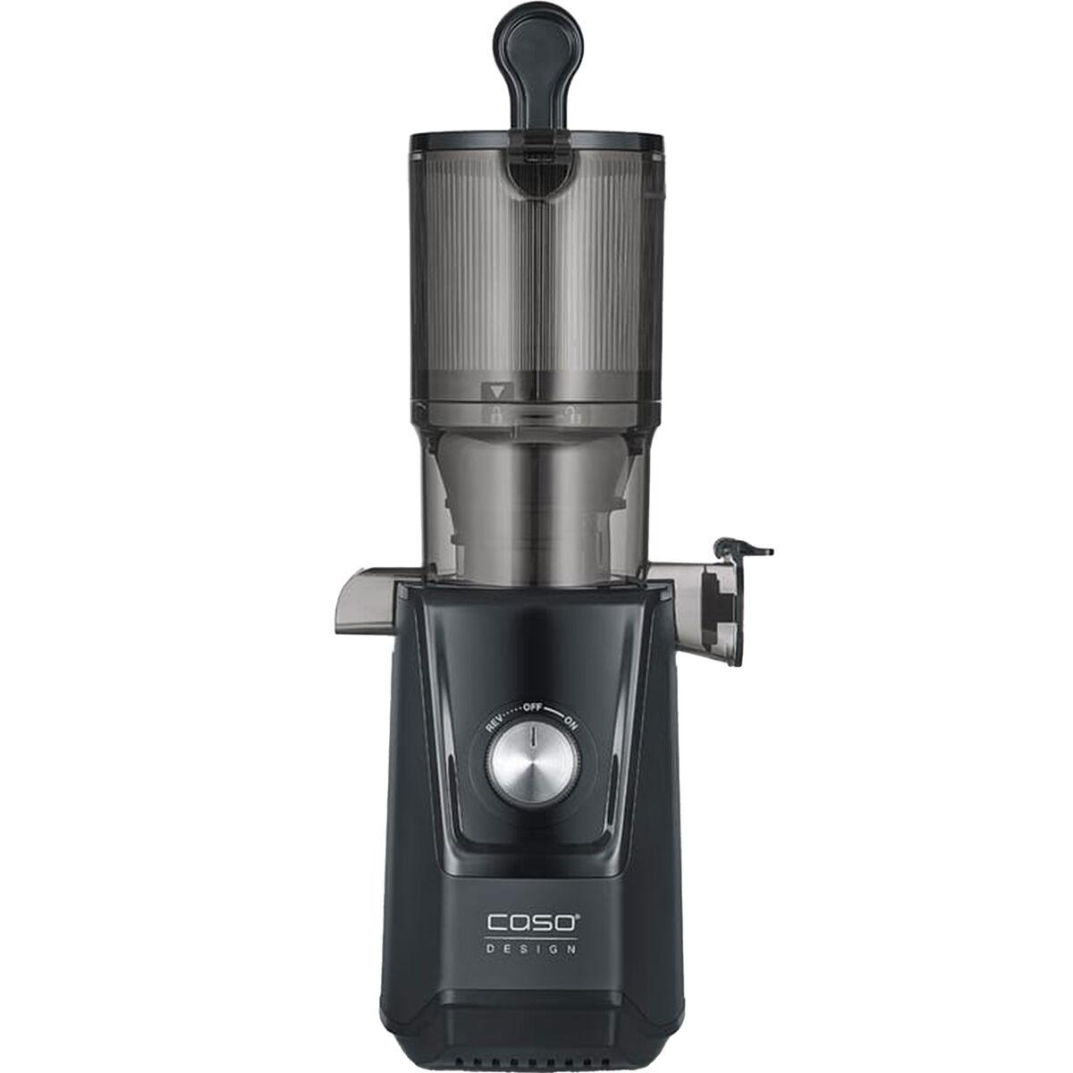 Caso Slow Juicer i matt svart sett forfra med juicebeholder og restbeholder