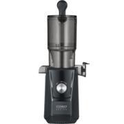 Caso Slow Juicer i matt svart sett forfra med juicebeholder og restbeholder